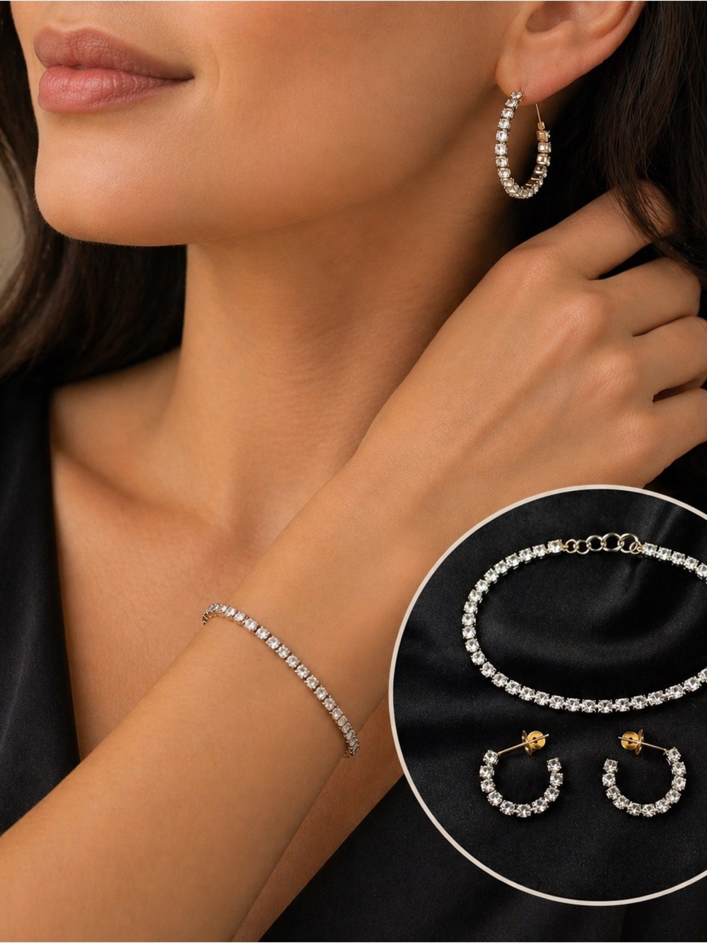 Sparkling Faux Diamond Bracelet & Hoop Earrings Set Vintage 90s